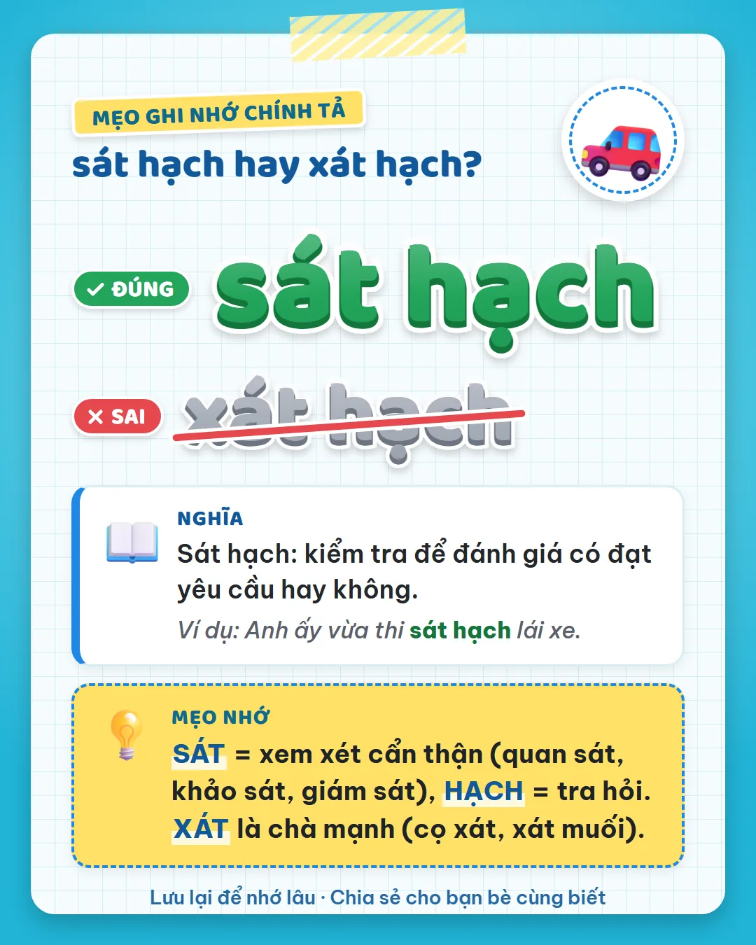 Mẹo ghi nhớ: sát là xem xét như quan sát, khảo sát, giám sát. Xát là chà mạnh như cọ xát, xát muối.