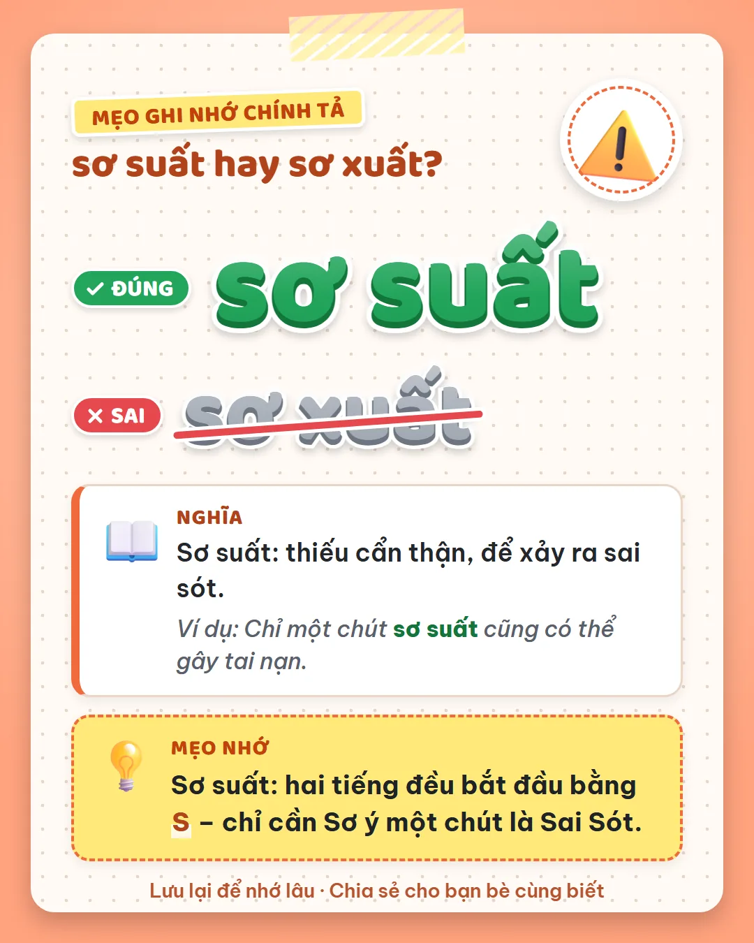 Mẹo ghi nhớ: sơ suất có hai tiếng đều bắt đầu bằng S. Chỉ cần sơ ý một chút là sai sót.