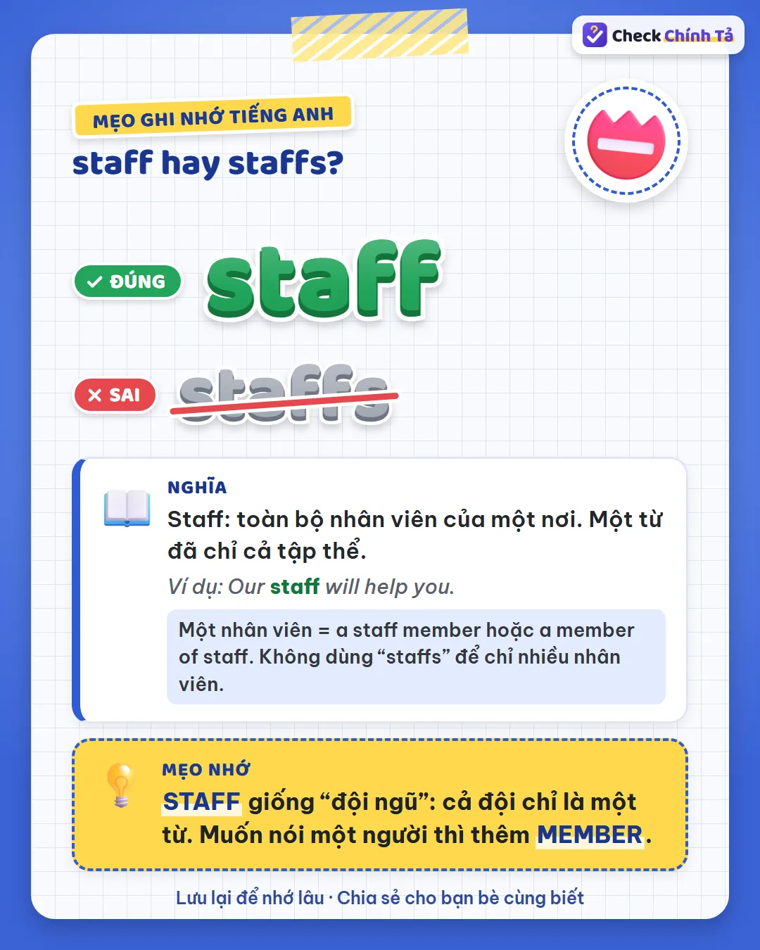 Mẹo ghi nhớ: staff là “đội ngũ”, cả đội chỉ một từ; muốn nói một người thì thêm member.