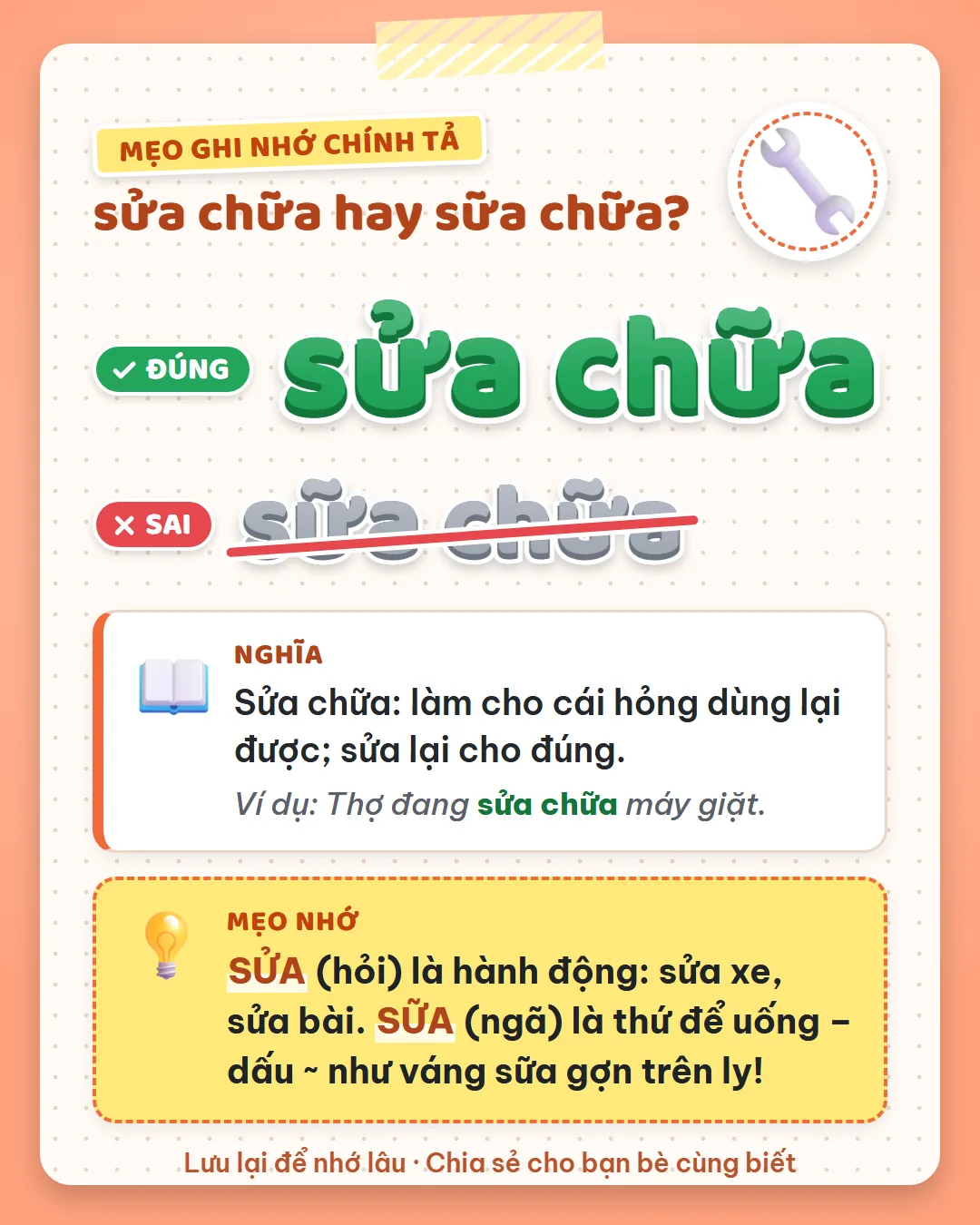Mẹo ghi nhớ: sửa dấu hỏi là hành động như sửa xe, sửa bài. Sữa dấu ngã là thứ để uống, dấu ngã như váng sữa gợn trên ly.