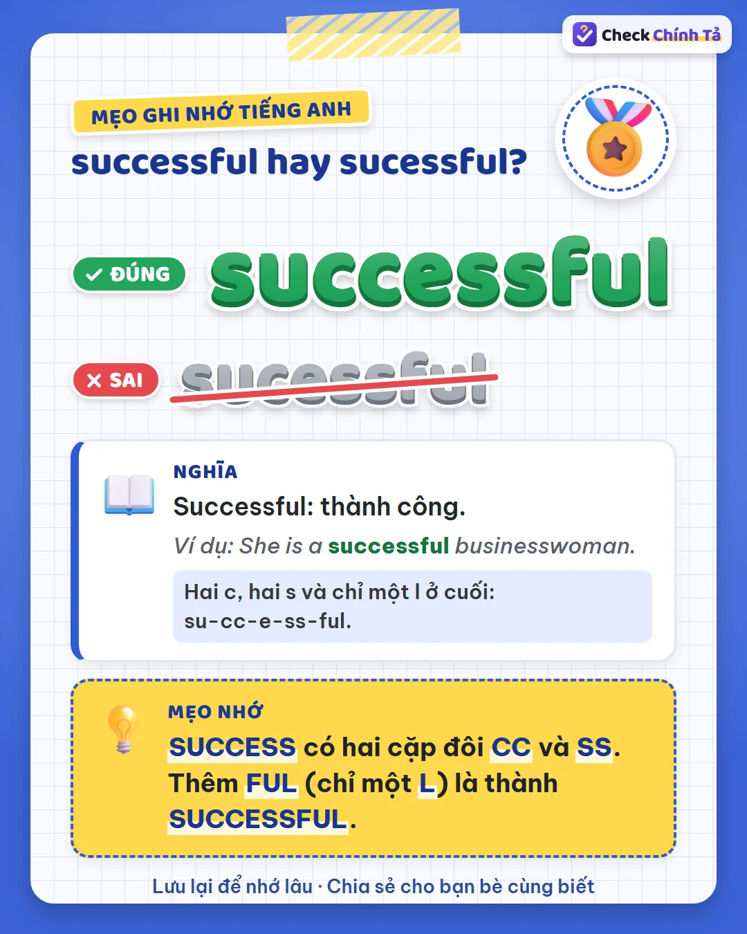 Mẹo ghi nhớ: success có hai cặp đôi cc và ss; thêm ful (một l) là thành successful.