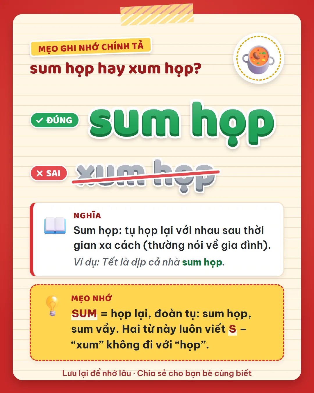 Mẹo ghi nhớ: sum là họp lại, đoàn tụ như sum họp, sum vầy. Hai từ này luôn viết S, không có xum họp.