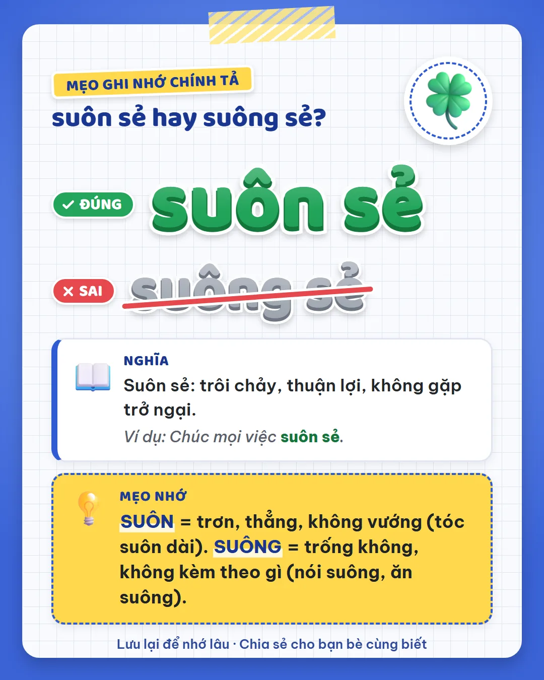 Mẹo ghi nhớ: suôn là trơn, thẳng như tóc suôn dài nên suôn sẻ. Suông là trống không: nói suông, ăn suông.