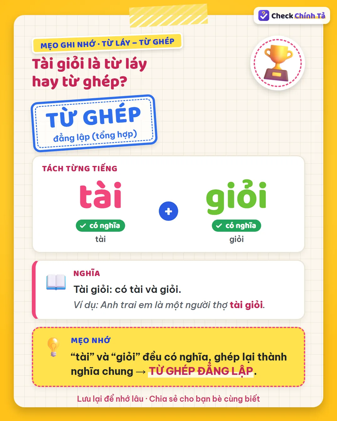 Mẹo ghi nhớ: “tài” và “giỏi” đều có nghĩa, ghép lại thành nghĩa chung nên tài giỏi là từ ghép đẳng lập.
