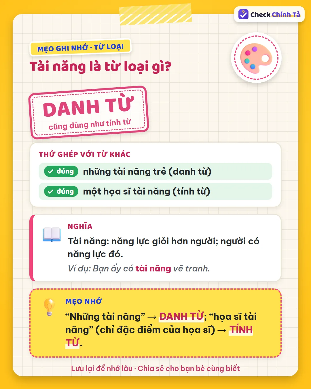Mẹo ghi nhớ: “những tài năng”, “có tài năng” là danh từ; “nhạc sĩ tài năng” (chỉ đặc điểm) là tính từ.