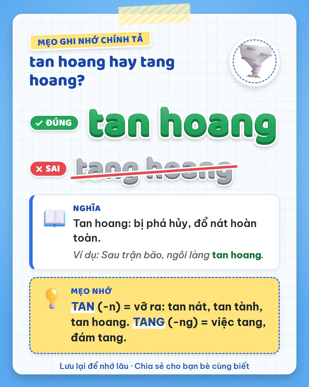Mẹo ghi nhớ: tan có N là vỡ ra như tan nát, tan tành, tan hoang. Tang có NG là việc tang, đám tang.