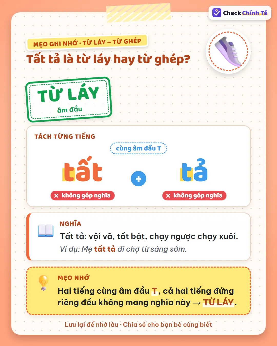 Mẹo ghi nhớ: tất tả có hai tiếng cùng âm đầu T, đứng riêng đều không mang nghĩa này nên là từ láy.