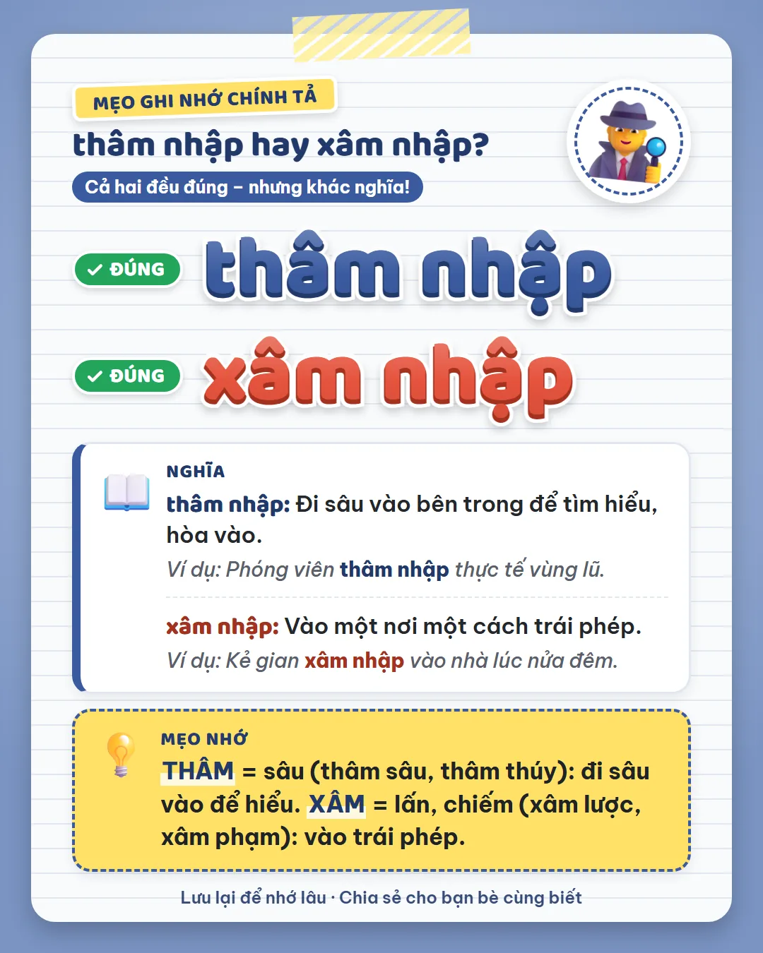 Mẹo ghi nhớ: thâm là sâu, đi sâu vào để hiểu là thâm nhập. Xâm là lấn chiếm, vào trái phép là xâm nhập.