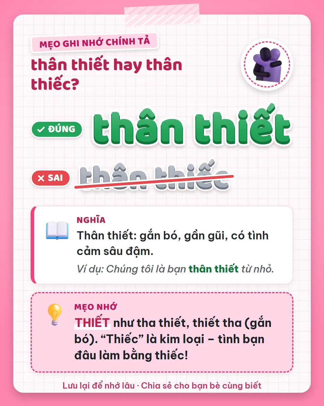 Mẹo ghi nhớ: thiết như tha thiết, thiết tha, gắn bó. Thiếc là kim loại, tình bạn đâu làm bằng thiếc.