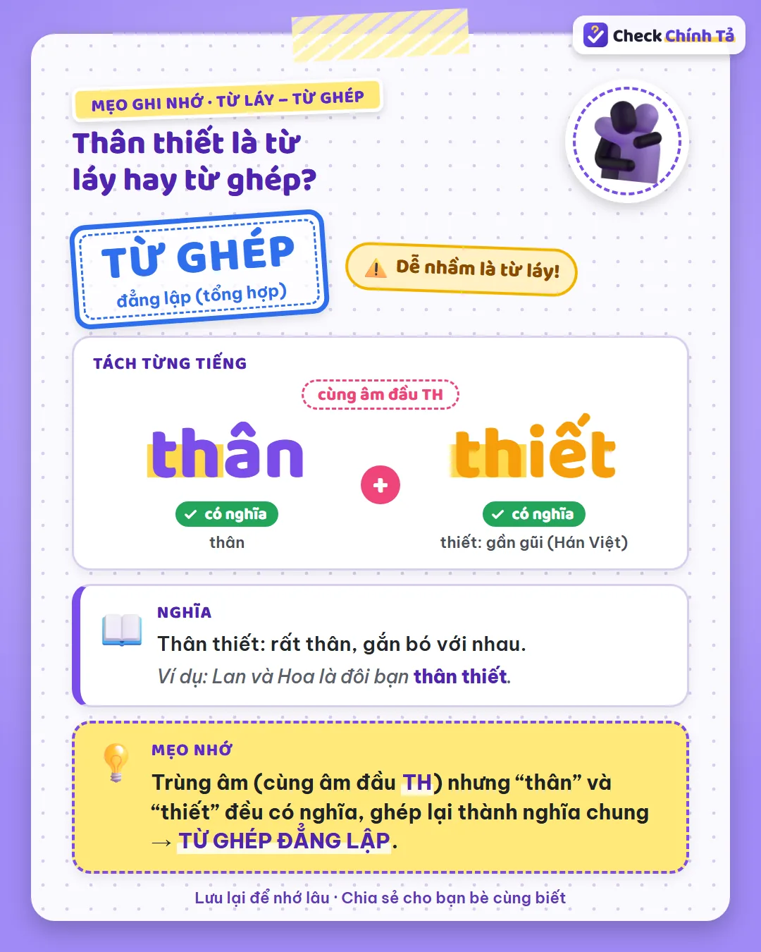 Mẹo ghi nhớ: thân thiết cùng âm đầu TH nhưng “thân” và “thiết” đều có nghĩa nên là từ ghép đẳng lập.