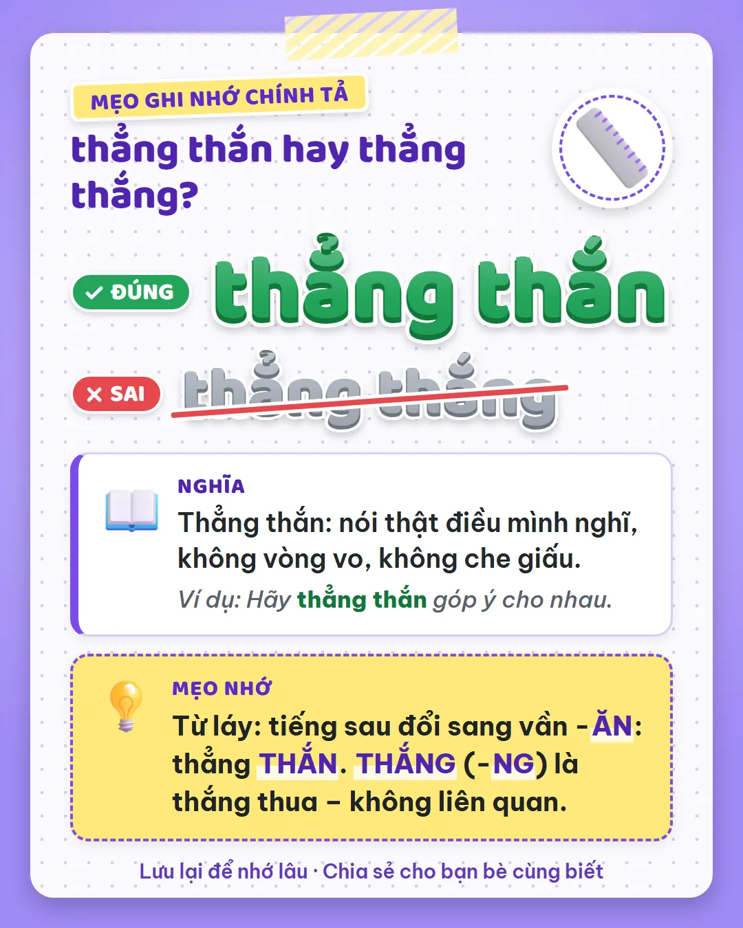 Mẹo ghi nhớ: từ láy thẳng thắn có tiếng sau đổi sang vần -ăn. Thắng vần -ng là thắng thua, không liên quan.