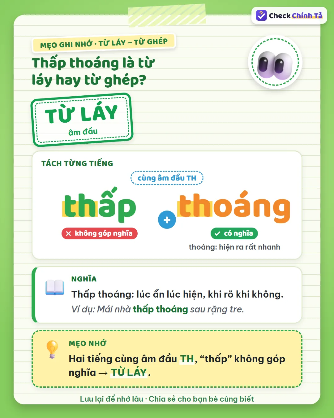Mẹo ghi nhớ: thấp thoáng có hai tiếng cùng âm đầu TH, “thấp” không góp nghĩa nên là từ láy âm đầu.