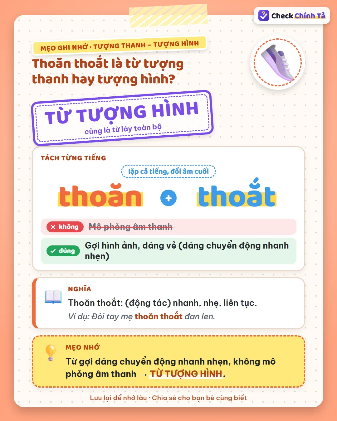 Mẹo ghi nhớ: thoăn thoắt gợi dáng chuyển động nhanh nhẹn, không mô phỏng âm thanh nên là từ tượng hình.