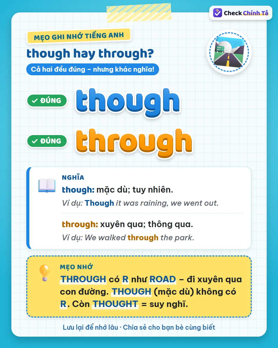 Mẹo ghi nhớ: through có R như road, đi xuyên qua con đường; though (mặc dù) không có R.