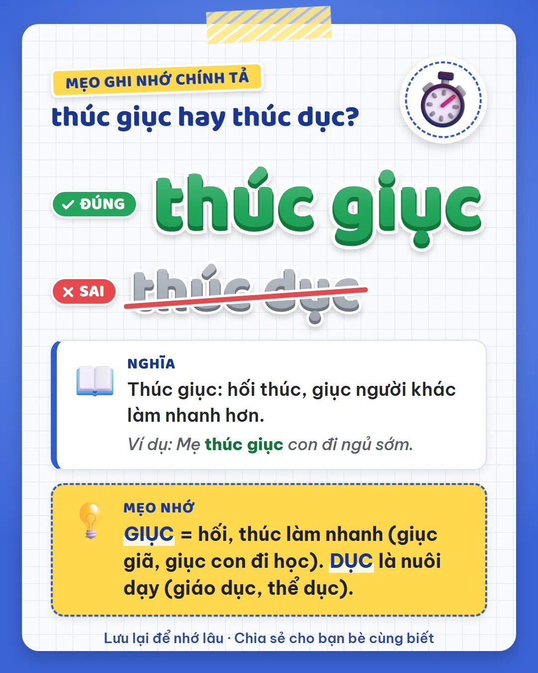 Mẹo ghi nhớ: giục là hối, thúc làm nhanh như giục giã. Dục là nuôi dạy như giáo dục, thể dục.