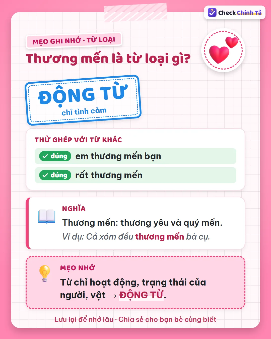 Mẹo ghi nhớ: có người được thương mến đi kèm (thương mến bạn) nên thương mến là động từ chỉ tình cảm.