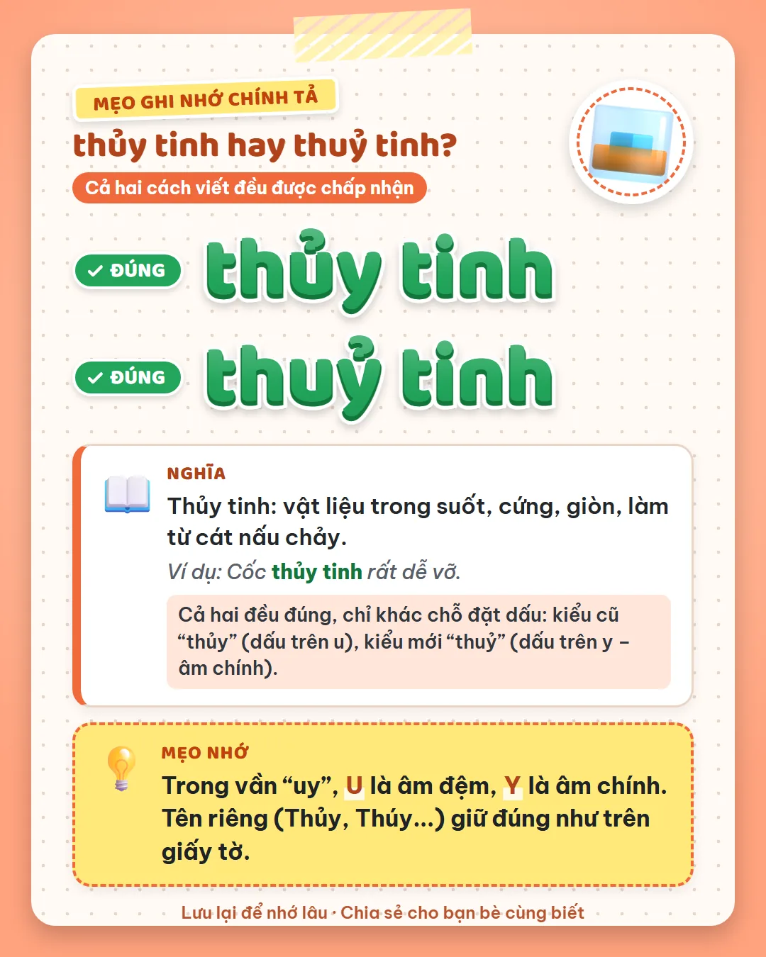 Mẹo ghi nhớ: trong vần uy, U là âm đệm, Y là âm chính. Tên riêng như Thủy, Thúy giữ đúng như trên giấy tờ.