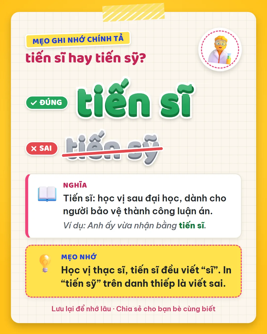 Mẹo ghi nhớ: học vị thạc sĩ, tiến sĩ đều viết sĩ. In tiến sỹ trên danh thiếp là viết sai.