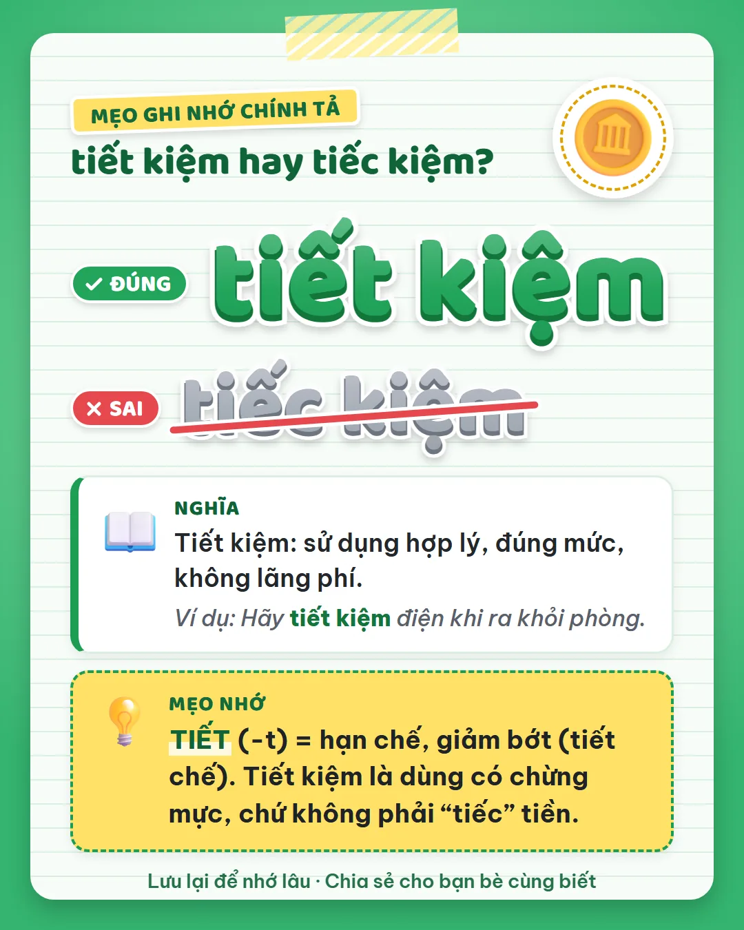 Mẹo ghi nhớ: tiết có T là hạn chế, giảm bớt như tiết chế. Tiết kiệm là dùng có chừng mực, chứ không phải tiếc tiền.