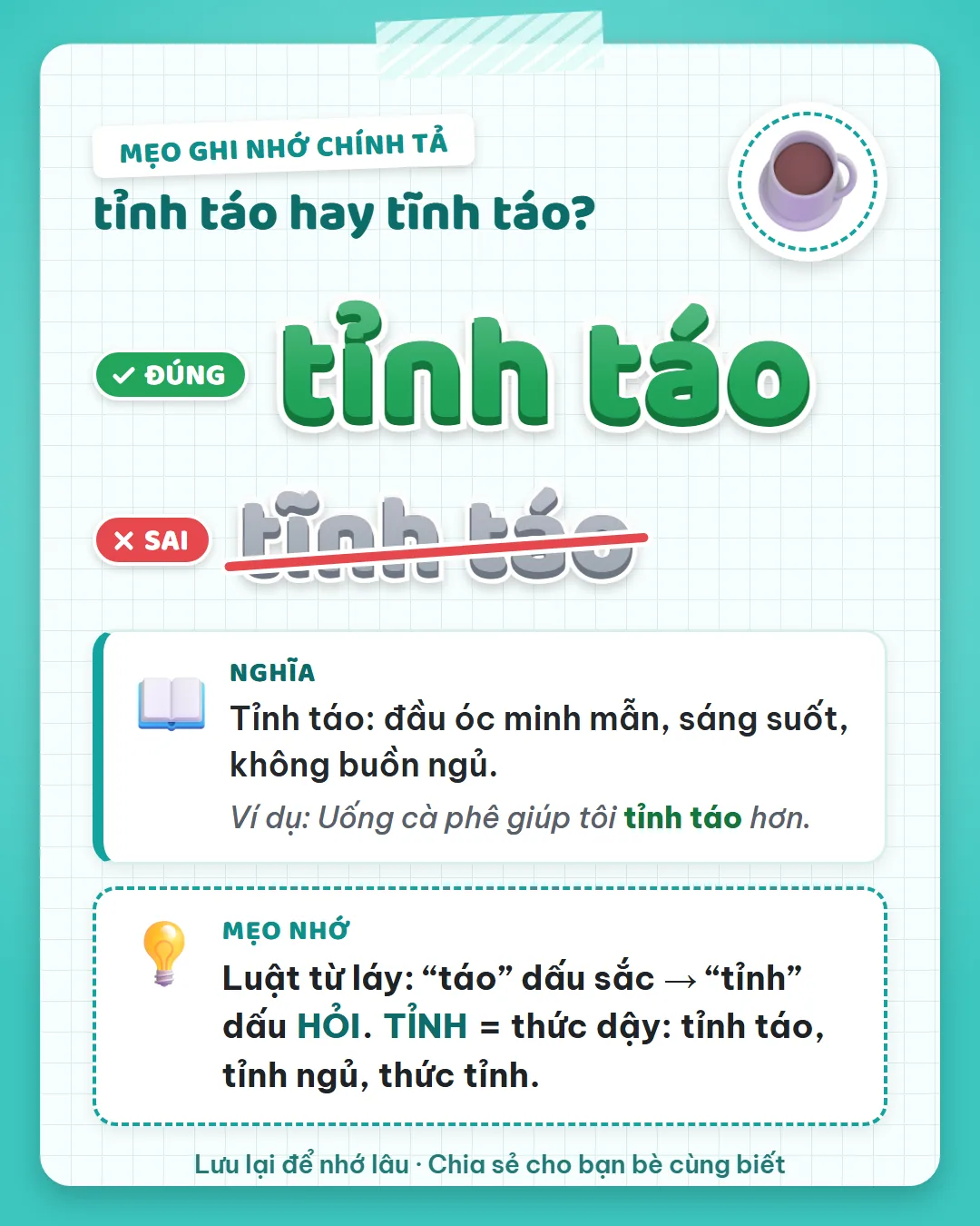 Mẹo ghi nhớ: táo dấu sắc nên tỉnh mang dấu hỏi. Tỉnh là thức dậy như tỉnh táo, tỉnh ngủ, thức tỉnh.
