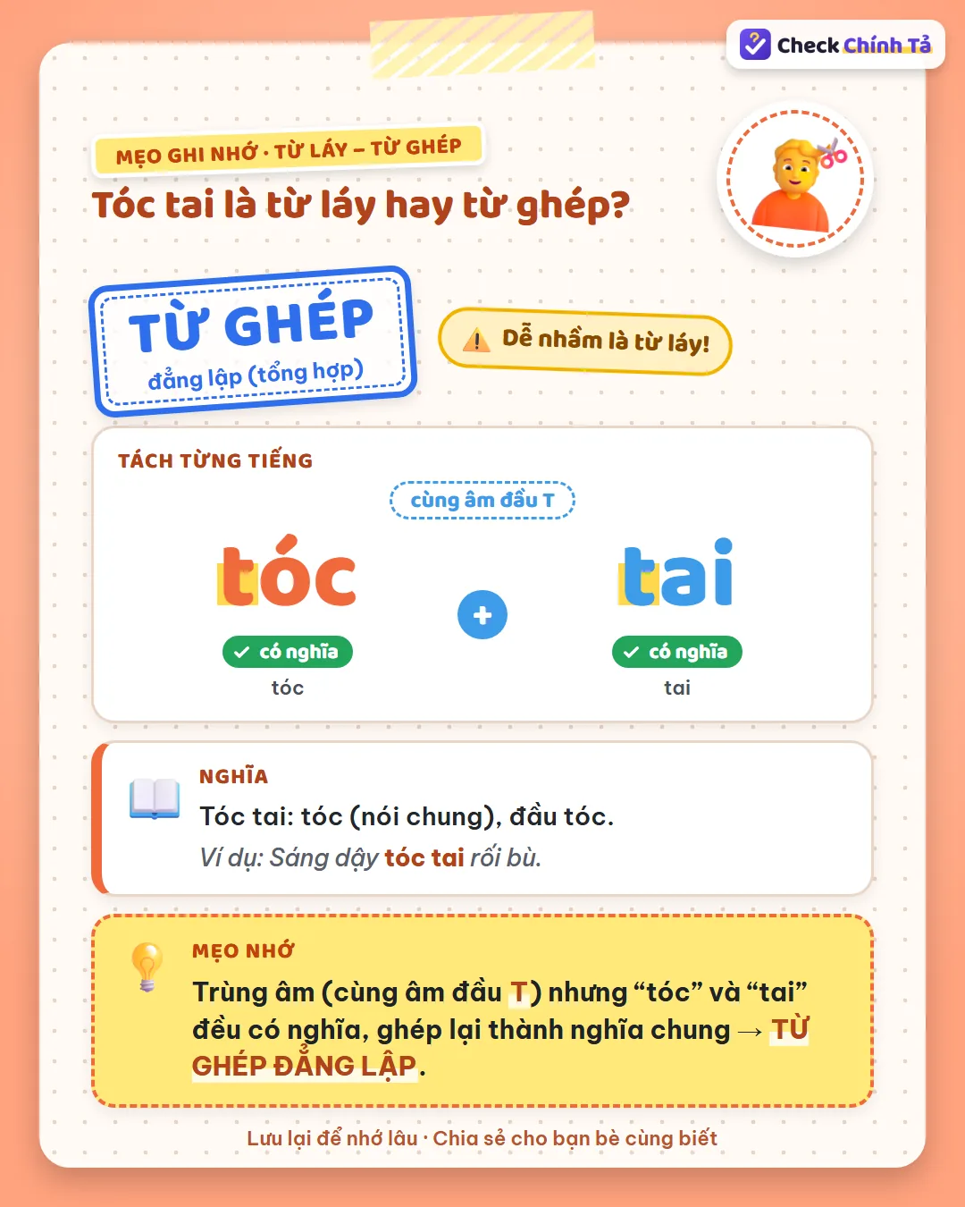 Mẹo ghi nhớ: “tóc” và “tai” đều có nghĩa, ghép lại chỉ đầu tóc nói chung nên tóc tai là từ ghép đẳng lập.