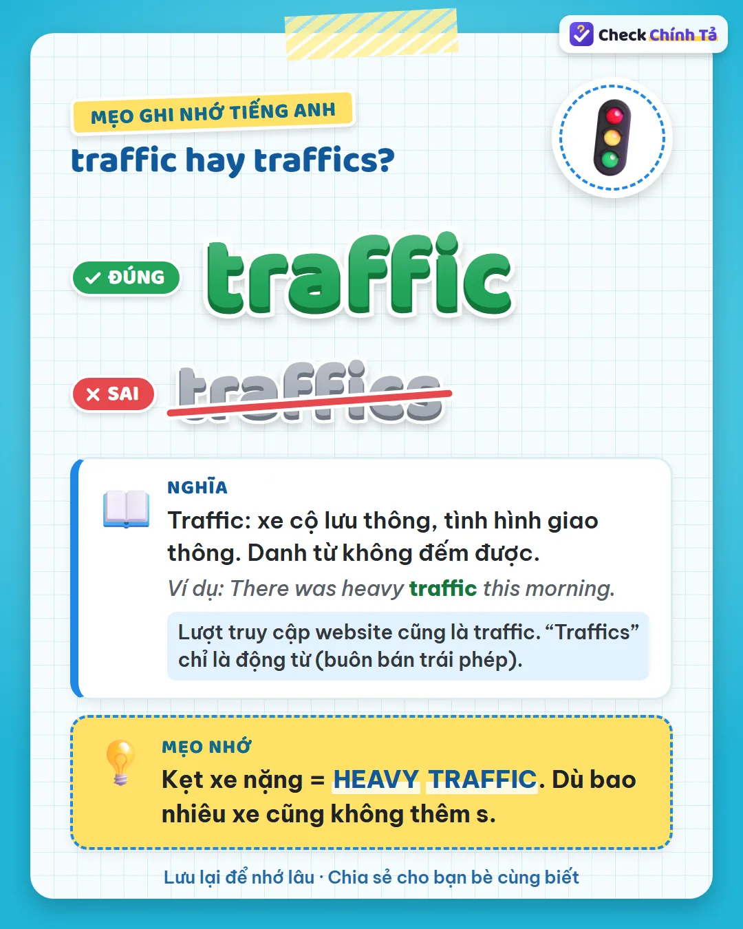 Mẹo ghi nhớ: kẹt xe nặng là heavy traffic; bao nhiêu xe cũng không thêm s.