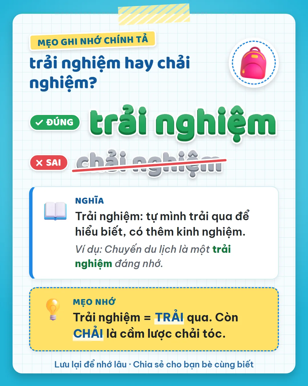 Mẹo ghi nhớ: trải nghiệm là trải qua nên viết TR. Còn chải là cầm lược chải tóc.