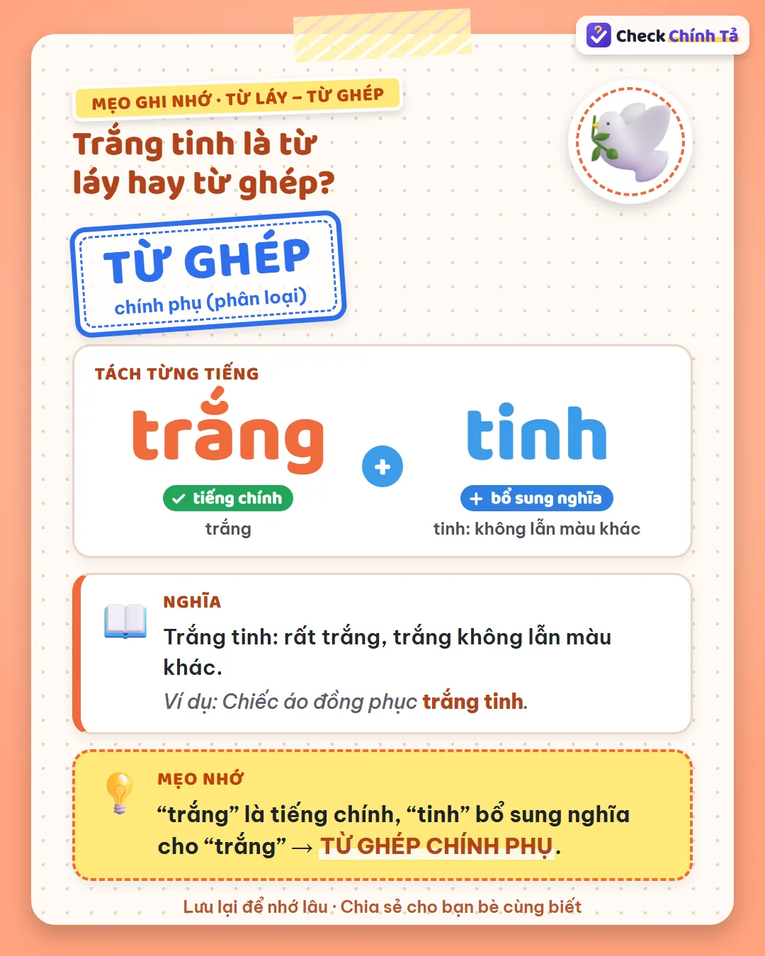 Mẹo ghi nhớ: “trắng” là tiếng chính, “tinh” bổ sung nghĩa (không lẫn màu khác) nên trắng tinh là từ ghép chính phụ.