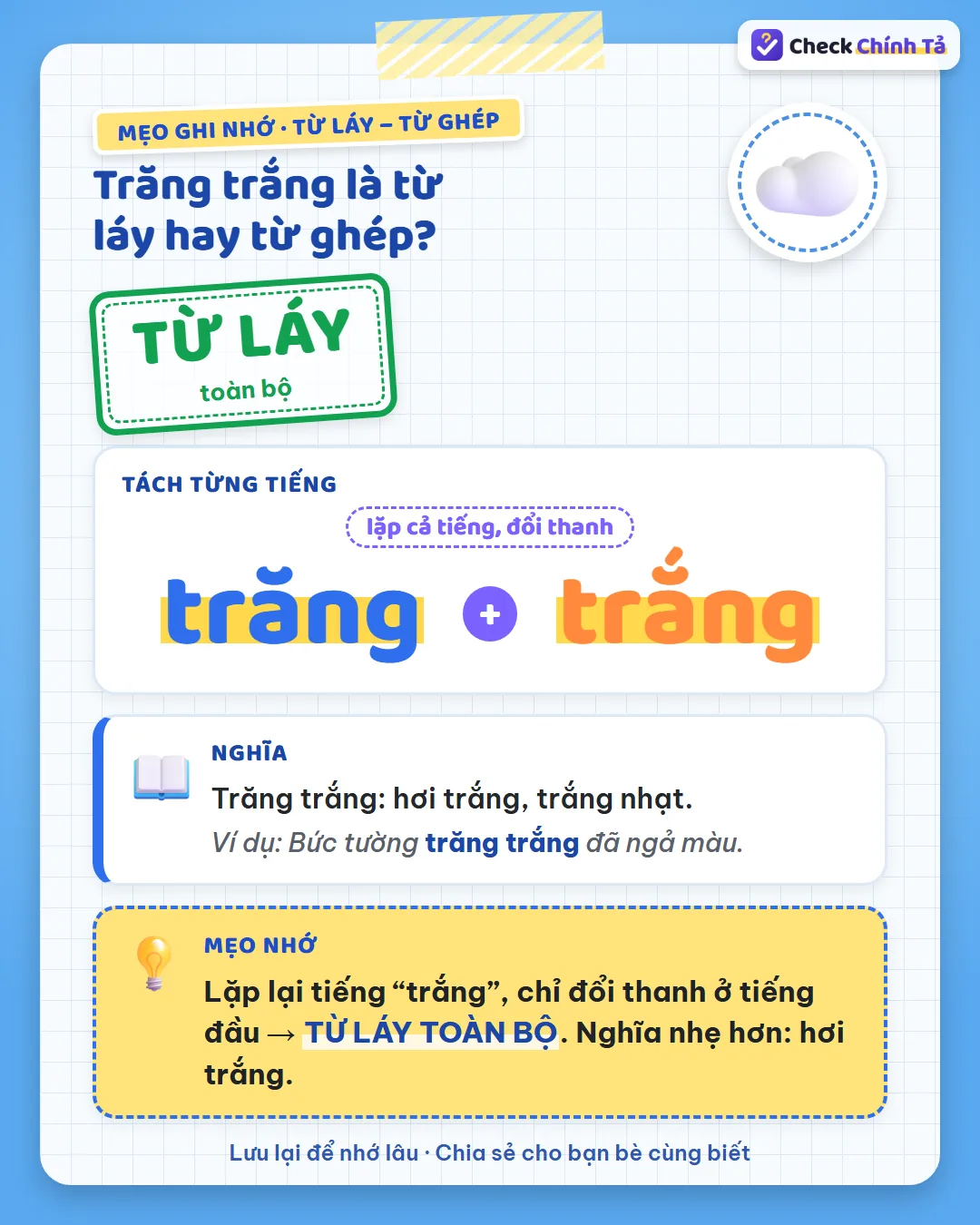 Mẹo ghi nhớ: trăng trắng là tiếng “trắng” lặp lại, đổi thanh ở tiếng đầu nên là từ láy toàn bộ, nghĩa là hơi trắng.