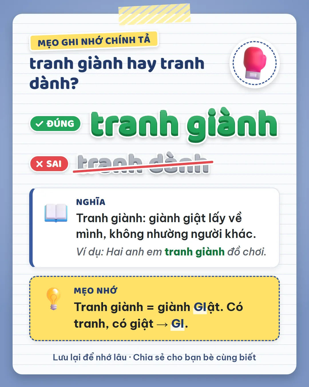 Mẹo ghi nhớ: tranh giành là giành giật. Có tranh, có giật thì viết GI.