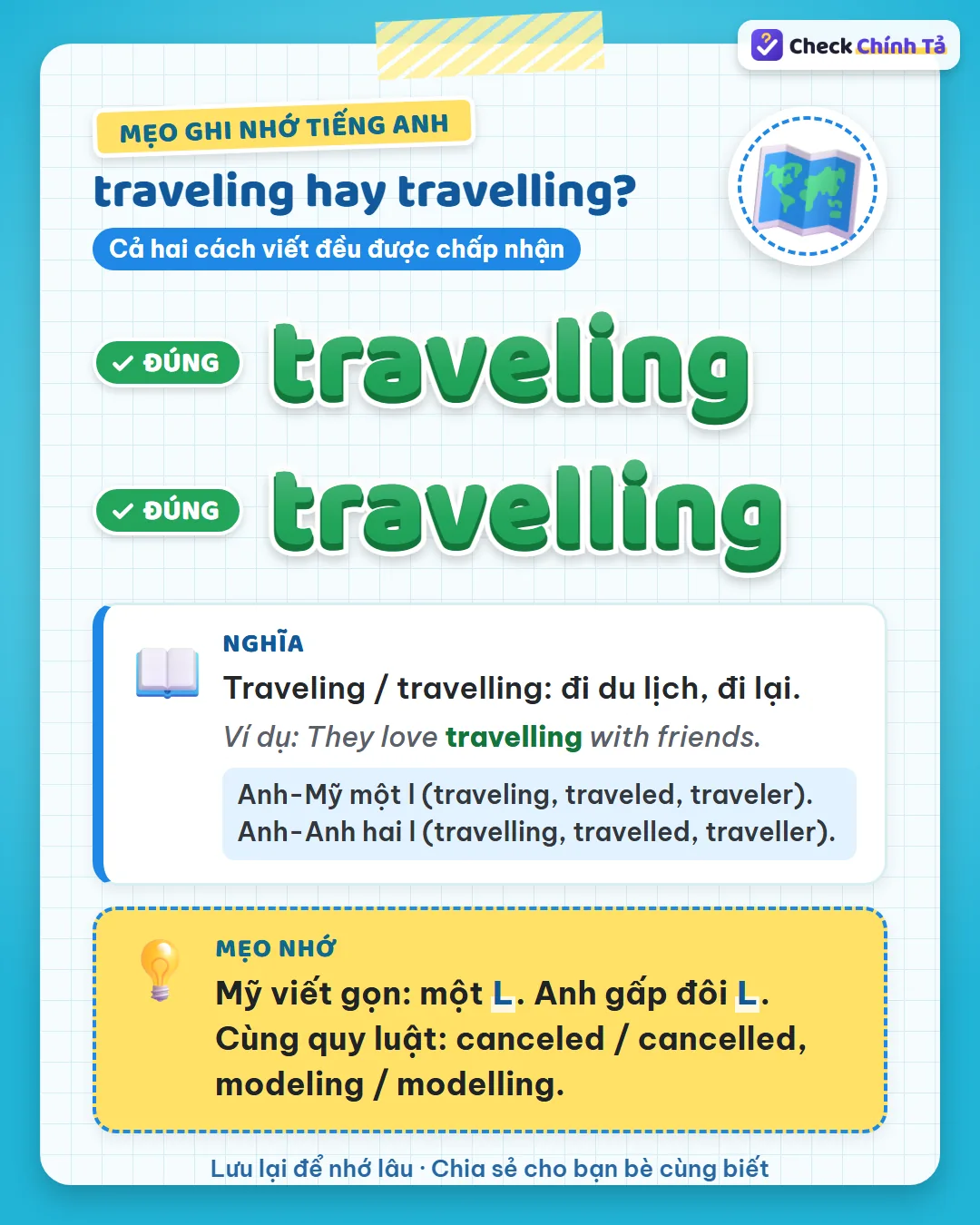 Mẹo ghi nhớ: Mỹ viết gọn một L, Anh gấp đôi L – giống canceled / cancelled, modeling / modelling.