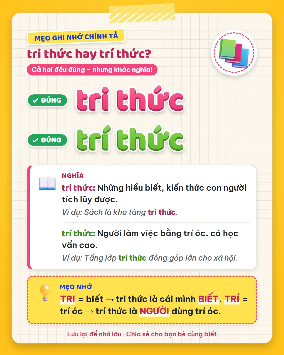 Mẹo ghi nhớ: tri là biết, tri thức là cái mình biết. Trí là trí óc, trí thức là người dùng trí óc.