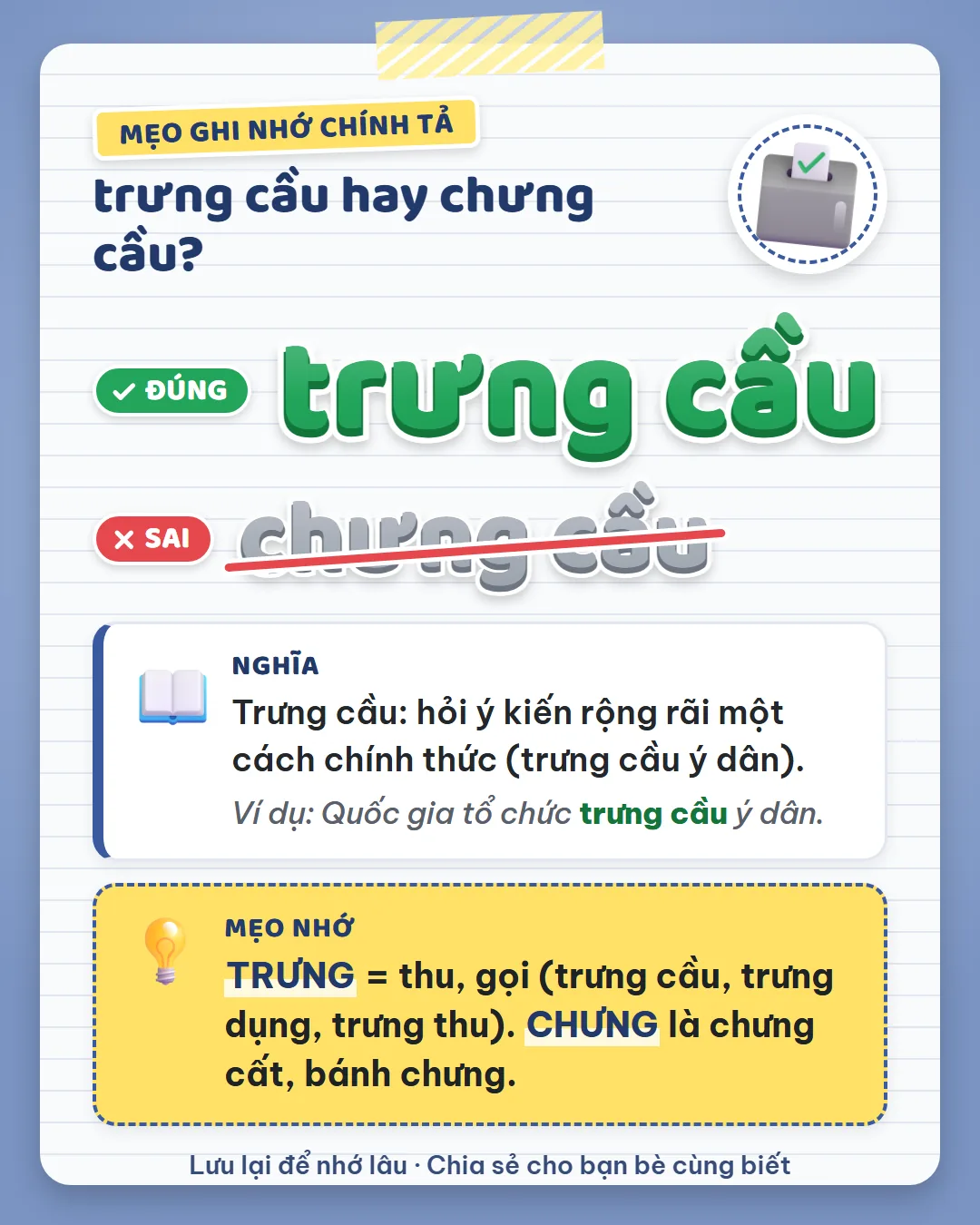 Mẹo ghi nhớ: trưng là thu, gọi như trưng cầu, trưng dụng, trưng thu. Chưng là chưng cất, bánh chưng.