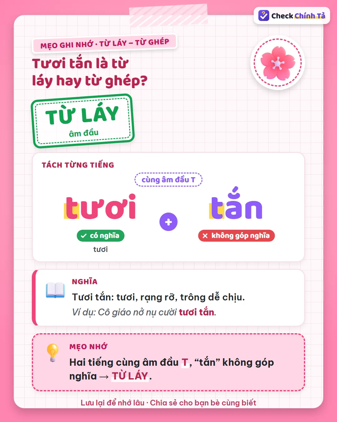 Mẹo ghi nhớ: tươi tắn có hai tiếng cùng âm đầu T, “tắn” không góp nghĩa nên là từ láy.