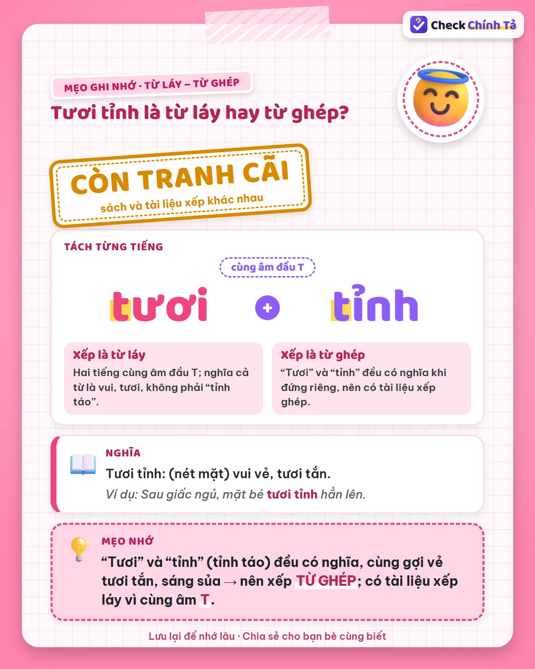 Mẹo ghi nhớ: “tươi” và “tỉnh” (tỉnh táo) đều có nghĩa nên tươi tỉnh là từ ghép; khác tươi tắn là từ láy.