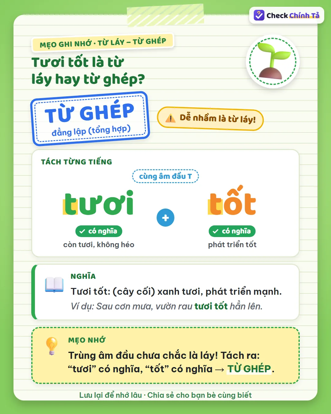 Mẹo ghi nhớ: tươi tốt trùng âm đầu T nhưng “tươi” và “tốt” đều có nghĩa nên là từ ghép.
