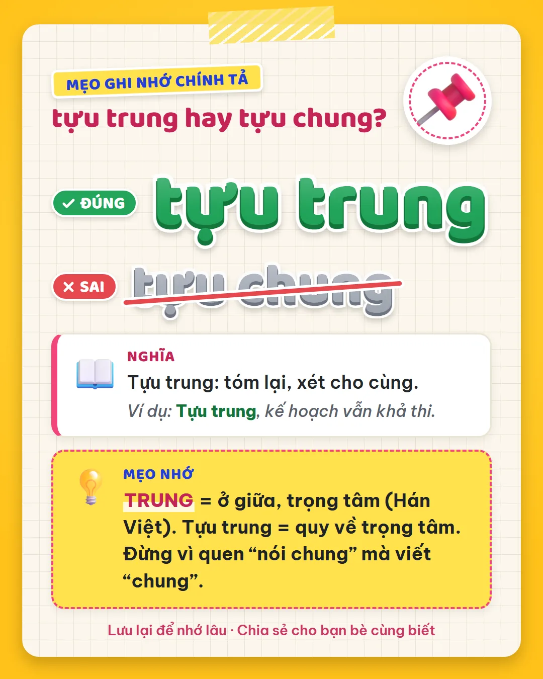 Mẹo ghi nhớ: trung là ở giữa, trọng tâm. Tựu trung là quy về trọng tâm; đừng vì quen nói chung mà viết chung.