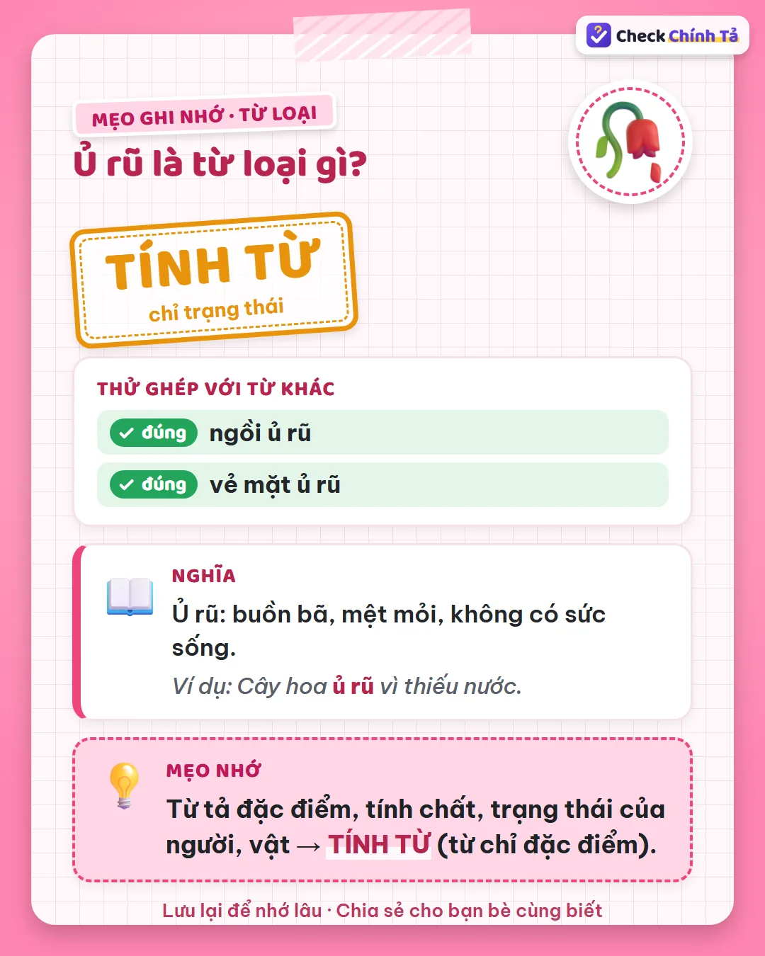Mẹo ghi nhớ: nói được “ngồi ủ rũ”, “vẻ mặt ủ rũ” nên ủ rũ là tính từ chỉ trạng thái.