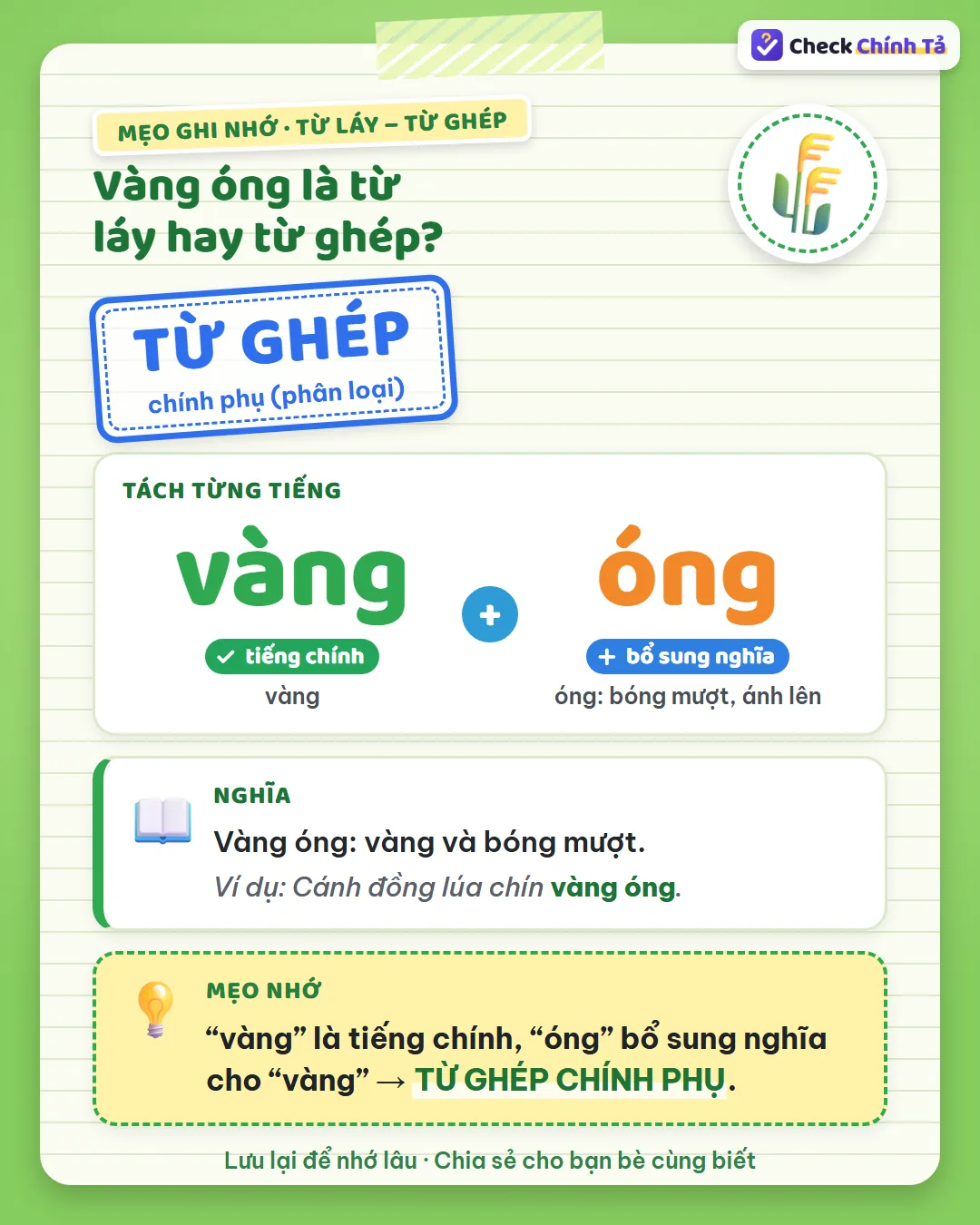 Mẹo ghi nhớ: “vàng” là tiếng chính, “óng” bổ sung nghĩa (bóng mượt, ánh lên) nên vàng óng là từ ghép chính phụ.