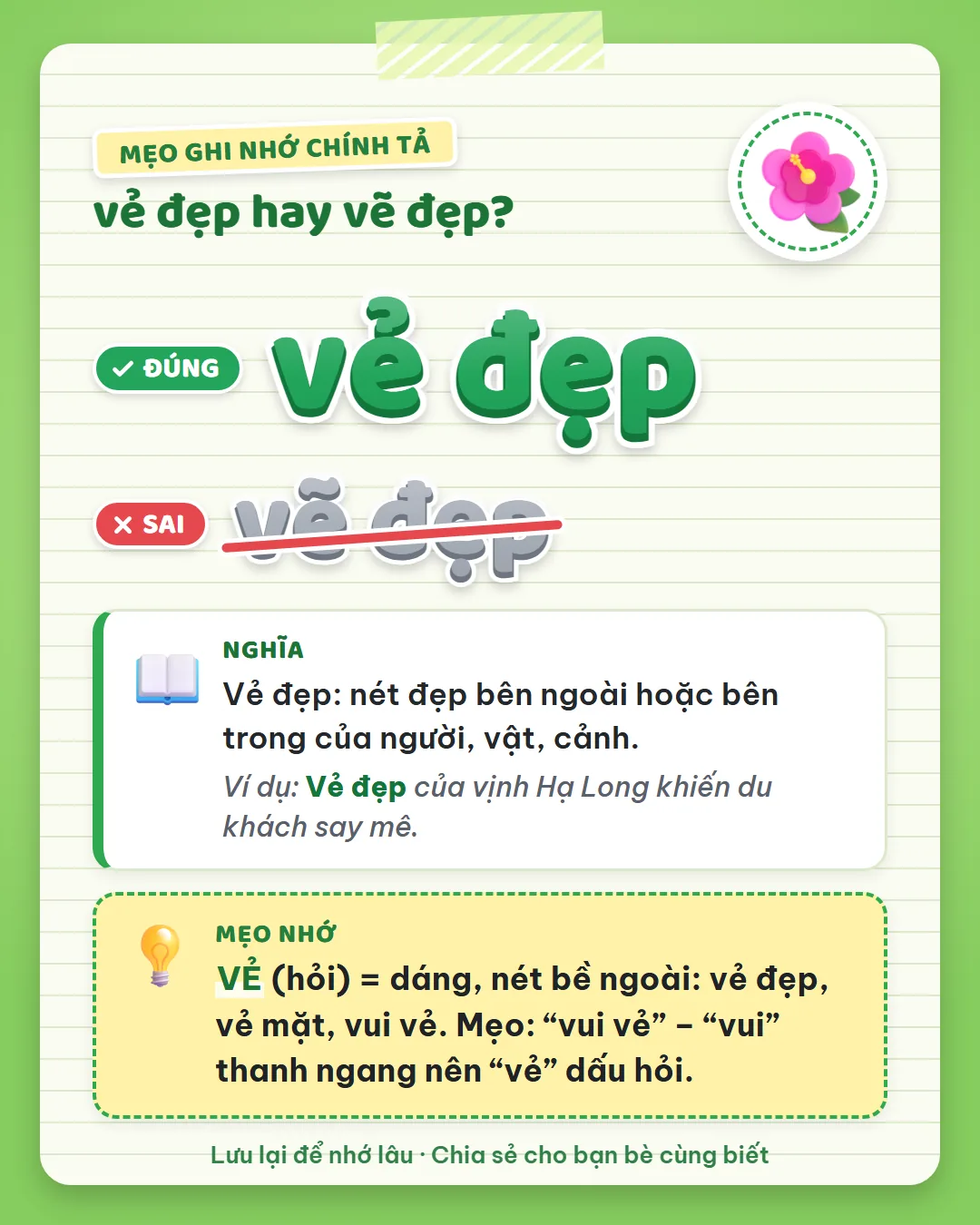 Mẹo ghi nhớ: vẻ dấu hỏi là dáng, nét bề ngoài như vẻ đẹp, vẻ mặt, vui vẻ. Vui thanh ngang nên vẻ dấu hỏi.