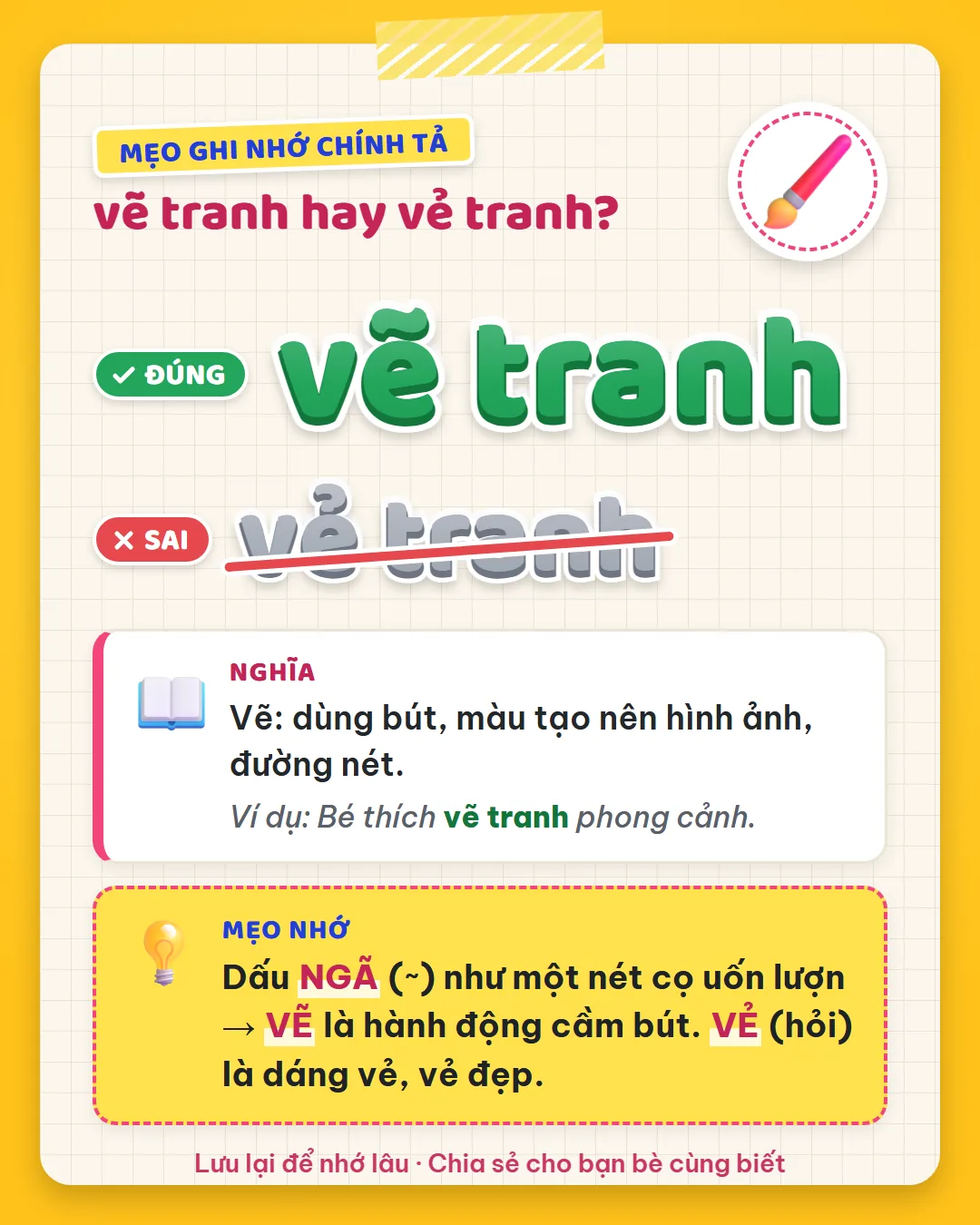 Mẹo ghi nhớ: dấu ngã như một nét cọ uốn lượn nên vẽ là hành động cầm bút. Vẻ dấu hỏi là dáng vẻ, vẻ đẹp.