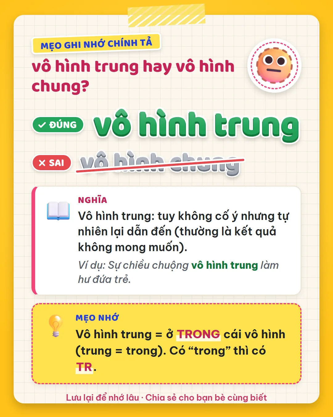 Mẹo ghi nhớ: vô hình trung là ở trong cái vô hình, trung là trong. Có trong thì có TR.