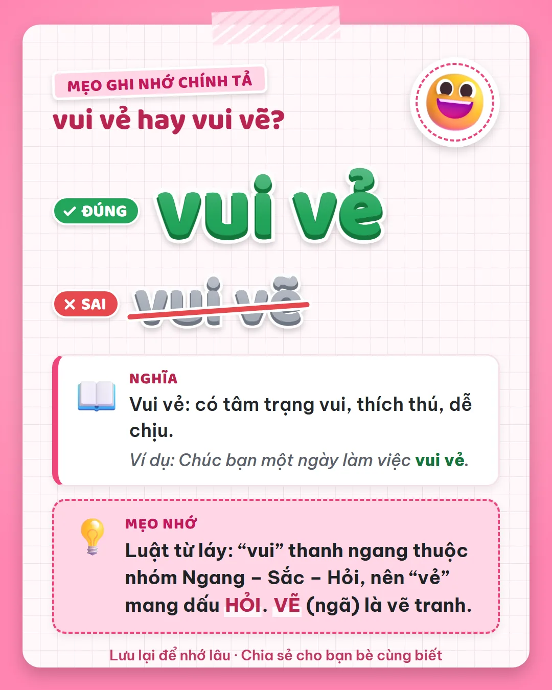 Mẹo ghi nhớ: vui thanh ngang thuộc nhóm ngang – sắc – hỏi nên vẻ mang dấu hỏi. Vẽ dấu ngã là vẽ tranh.