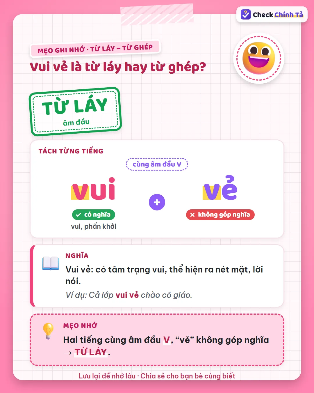 Mẹo ghi nhớ: vui vẻ có hai tiếng cùng âm đầu V, “vẻ” không góp nghĩa nên là từ láy âm đầu.