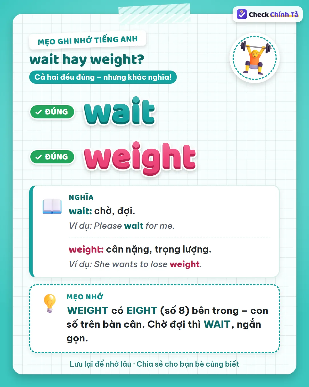 Mẹo ghi nhớ: weight có eight (số 8) bên trong, con số trên bàn cân; chờ đợi thì wait, ngắn gọn.