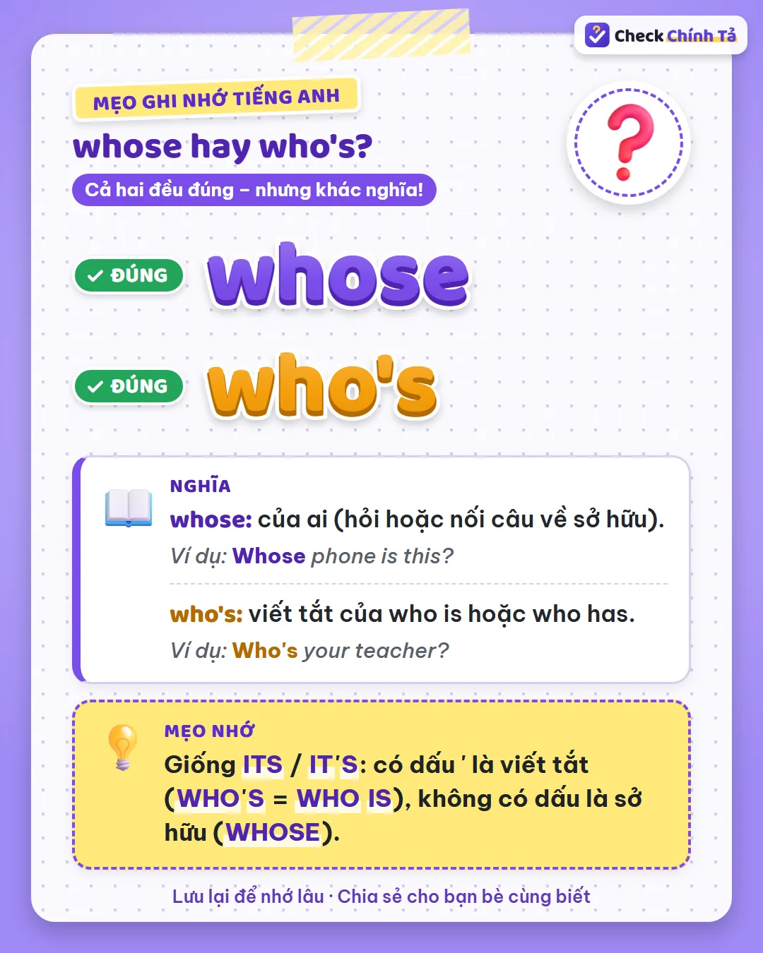 Mẹo ghi nhớ: giống its và it's, có dấu nháy là viết tắt (who's = who is), không dấu là sở hữu (whose).