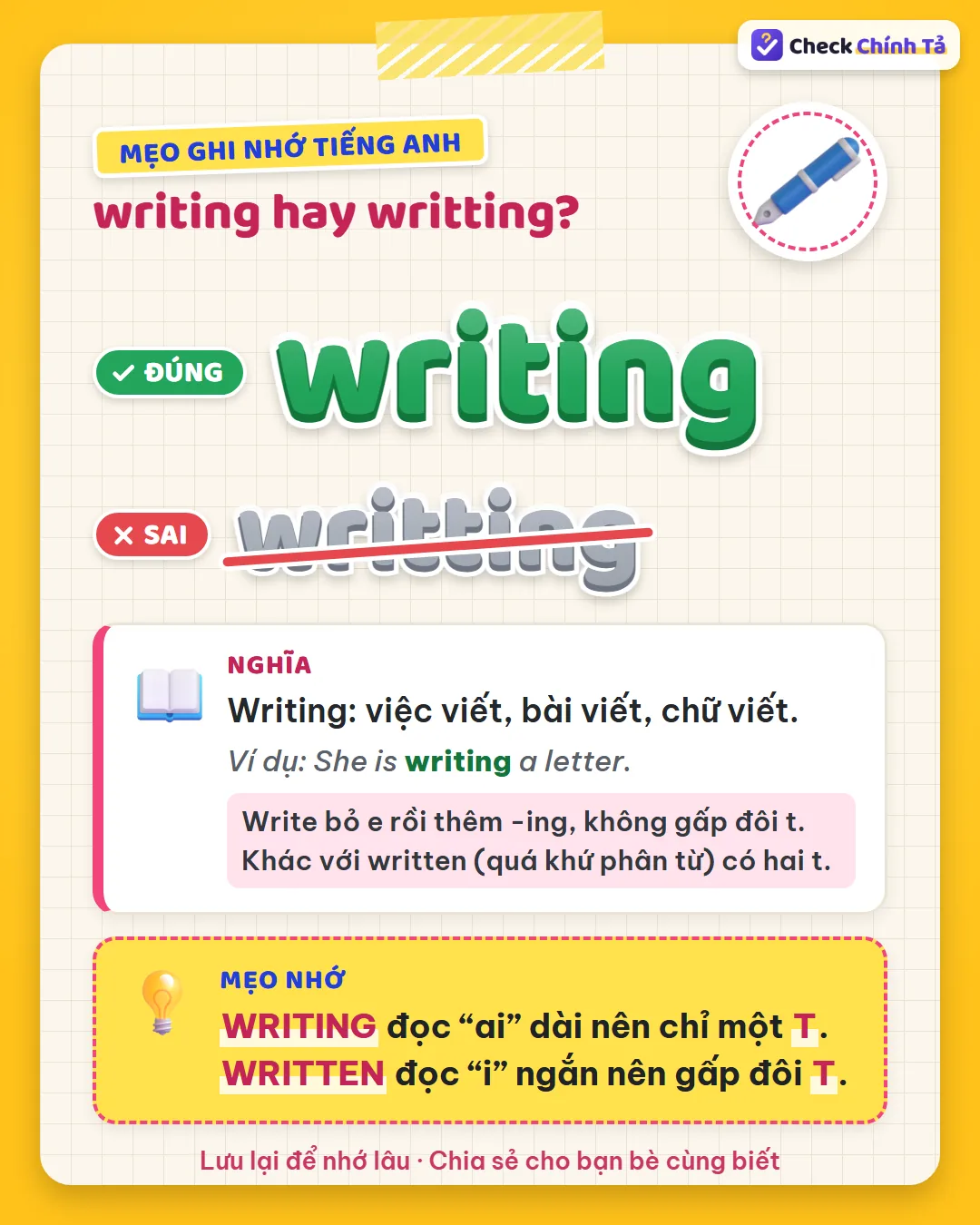 Mẹo ghi nhớ: writing đọc ai dài nên chỉ một t; written đọc i ngắn nên gấp đôi t.