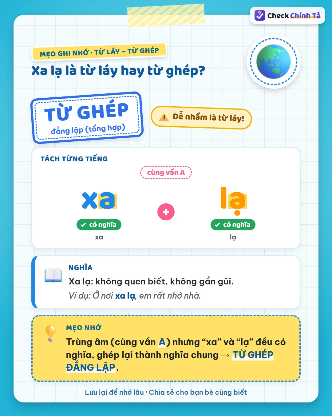 Mẹo ghi nhớ: xa lạ cùng vần A nhưng “xa” và “lạ” đều có nghĩa nên là từ ghép đẳng lập.
