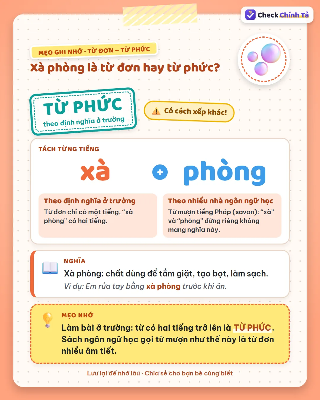 Mẹo ghi nhớ: xà phòng có hai tiếng nên ở trường là từ phức; là từ mượn (savon) nên sách ngôn ngữ học gọi là từ đơn.