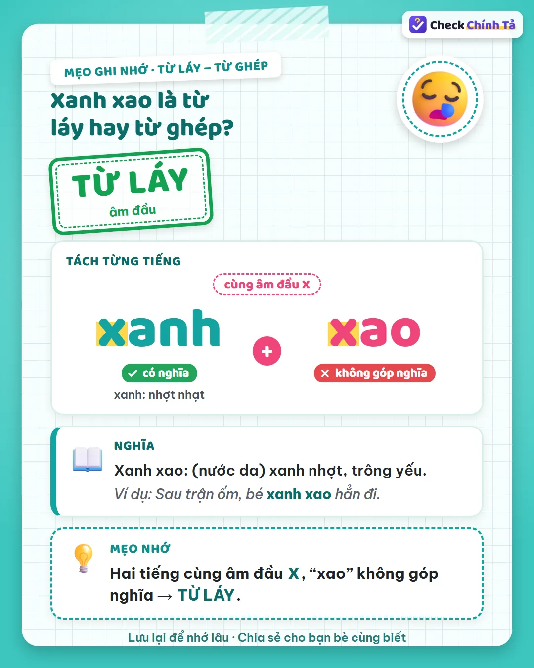 Mẹo ghi nhớ: xanh xao có hai tiếng cùng âm đầu X, “xao” không góp nghĩa nên là từ láy.